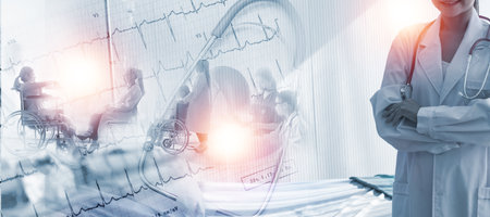 Double exposure Medicine doctor and health care.Health care with medical working in hospital.study,vaccine, rising growth.COVID-19. Photo Medical and technology concept.の写真素材