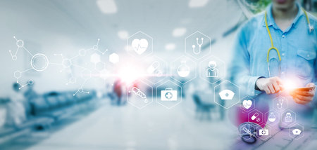 Double exposure Medicine doctor and health care.Health care with medical working in hospital.study,vaccine, rising growth.COVID-19. Photo Medical and technology concept.の写真素材