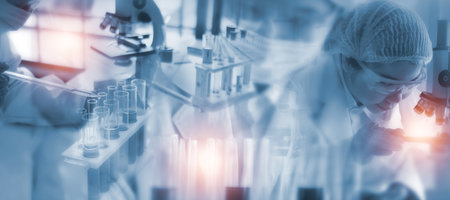 Double exposure Young woman scientific using equipment in the laboratory for research.Biotechnology,development,chemical,vaccine,study,COVID-19. Photo concept experimentation and research.の写真素材