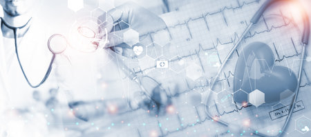 Double exposure Medicine doctor and health care.Health care with medical working in hospital.study,vaccine, rising growth.COVID-19. Photo Medical and technology concept.の写真素材