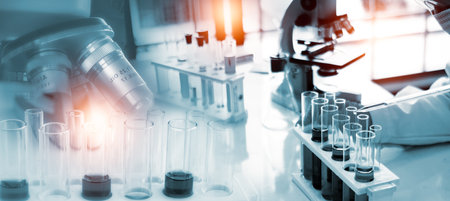 Double exposure microscope and Young woman scientific using equipment in the laboratory for research.Biotechnology,development,chemical,vaccine,COVID-19. Photo concept experimentation and research.の写真素材
