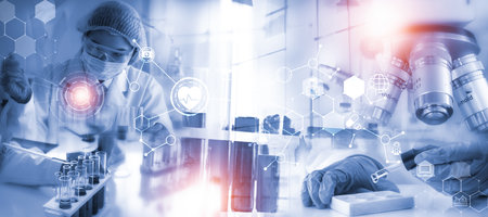 Double exposure microscope and Young woman scientific using equipment in the laboratory for research.Biotechnology,development,chemical,vaccine,COVID-19. Photo concept experimentation and research.の写真素材