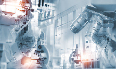 Double exposure microscope and Young woman scientific using equipment in the laboratory for research.Biotechnology,development,chemical,vaccine,COVID-19. Photo concept experimentation and research.の写真素材