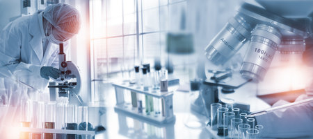 Double exposure microscope and Young woman scientific using equipment in the laboratory for research.Biotechnology,development,chemical,vaccine,COVID-19. Photo concept experimentation and research.の写真素材
