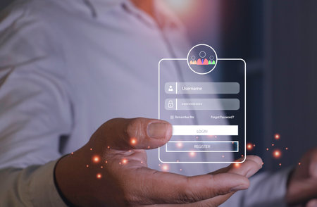 User typing login and password.Hand man use fingerprint  for  log in to enter login and password.sign in page,User profile,Information privacy,Internet.photo Cyber protection and technology concept.の写真素材