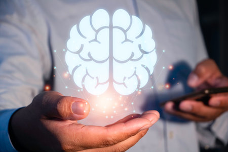 Hand holding human head with a line brain network technology for global.Data in the global computer social.Digital data,ai,science.Vector Technology background and Artificial intelligence concept.の写真素材