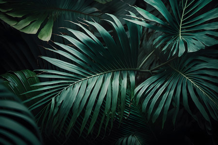 Top view leaf background.Green leaves color tone dark in the morning.Tropical Plant in Thailand,environment,good air.photo concept nature and plant, Generative AI illustration.の素材