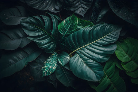 Top view leaf background.Green leaves color tone dark in the morning.Tropical Plant in Thailand,environment,good air.photo concept nature and plant, Generative AI illustration.の素材