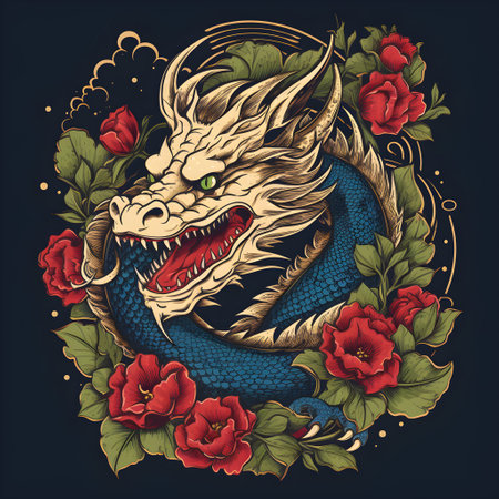 Vintage old school style a dragon designe drawing,Design vector vintage dragon,produce a retro screen printing of a dragon, Dark dragon head,fantasy, Generative AI illustration.の素材