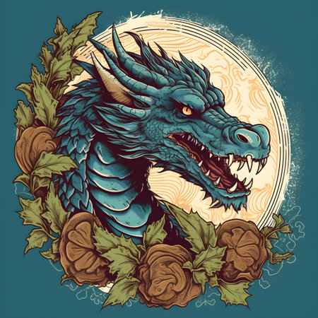 Vintage old school style a dragon designe drawing,Design vector vintage dragon,produce a retro screen printing of a dragon, Dark dragon head,fantasy, Generative AI illustration.の素材