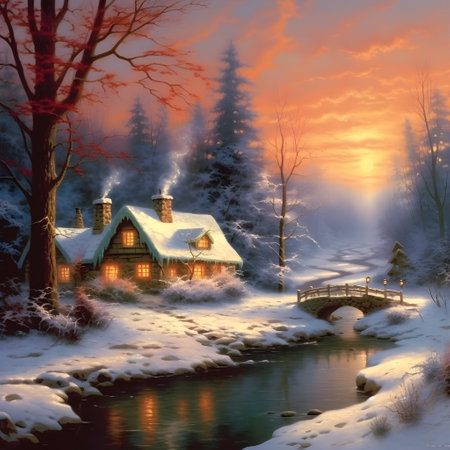 Old house on a snowy day.Watercolor landscape,river, trees, sunset,Watercolor for poster, postcard, banner. All elements, Generative AI illustration.の素材
