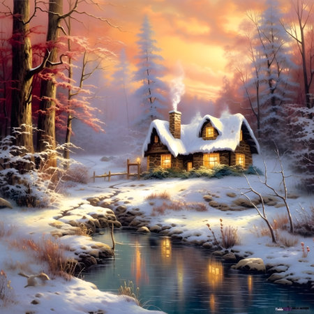 Old house on a snowy day.Watercolor landscape,river, trees, sunset,Watercolor for poster, postcard, banner. All elements, Generative AI illustration.の素材