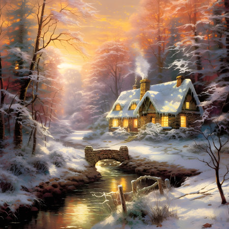 Old house on a snowy day.Watercolor landscape,river, trees, sunset,Watercolor for poster, postcard, banner. All elements, Generative AI illustration.の素材