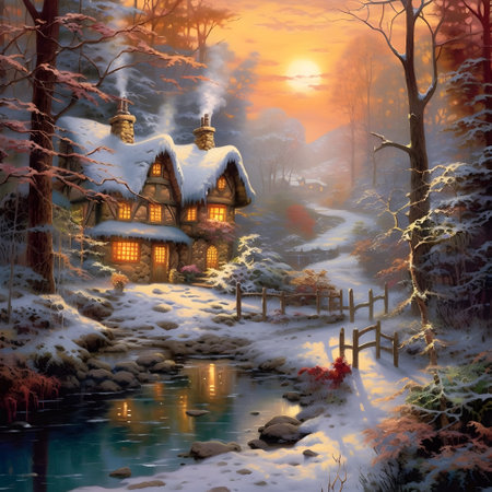 Old house on a snowy day.Watercolor landscape,river, trees, sunset,Watercolor for poster, postcard, banner. All elements, Generative AI illustration.の素材