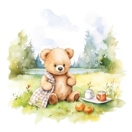 cute baby bear girl picnic and Watercolor, drawing,teddy bear , minimalistic style. Generative AI illustration.の素材
