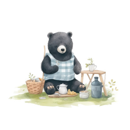 cute baby bear girl picnic and Watercolor, drawing,teddy bear , minimalistic style. Generative AI illustration.の素材