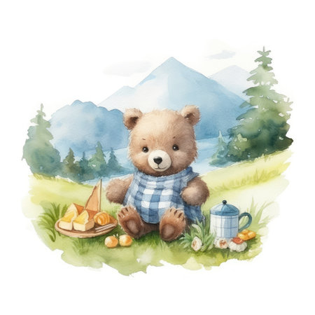 cute baby bear girl picnic and Watercolor, drawing,teddy bear , minimalistic style. Generative AI illustration.の素材