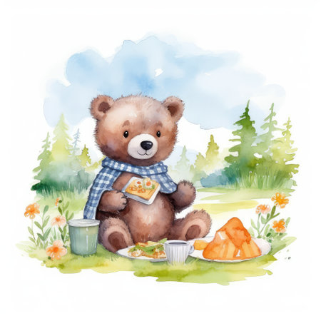 cute baby bear girl picnic and Watercolor, drawing,teddy bear , minimalistic style. Generative AI illustration.の素材