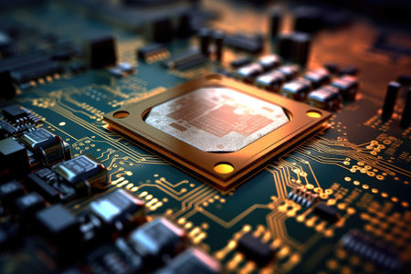 Close â up chip. Hight semiconductor technology chip on integrated circuit board, line in light, metallic luster, technology, Abstract technology background,Generative AI illustration.の素材