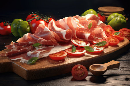 Prosciutto slices with figs on a dark wooden board.appetizer ,from dry ,cured ham, rustic style,

Prosciutto slices with figs on a dark wooden. Generative AI illustration.の素材