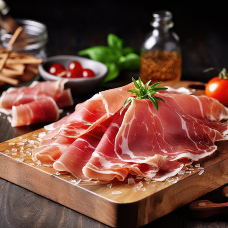 Prosciutto slices with figs on a dark wooden board.appetizer ,from dry ,cured ham, rustic style,

Prosciutto slices with figs on a dark wooden. Generative AI illustration.の素材