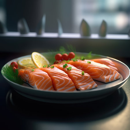 Close â up salmon in the plate.Slices of Raw Salmon Fillet on Black Plate Background.sashimi, fresh orange,eat ,delicious. Generative AI illustration.の素材