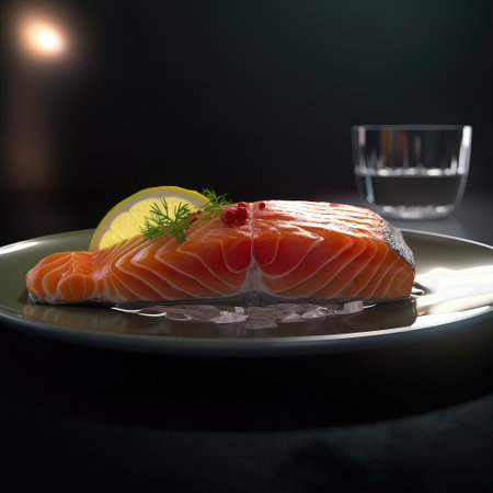 Close â up salmon in the plate.Slices of Raw Salmon Fillet on Black Plate Background.sashimi, fresh orange,eat ,delicious. Generative AI illustration.の素材