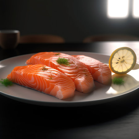 Close â up salmon in the plate.Slices of Raw Salmon Fillet on Black Plate Background.sashimi, fresh orange,eat ,delicious. Generative AI illustration.の素材
