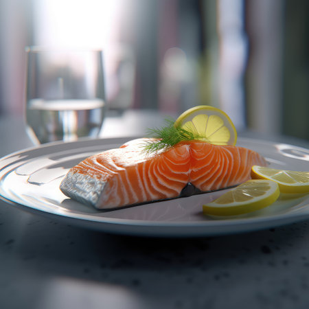 Close â up salmon in the plate.Slices of Raw Salmon Fillet on Black Plate Background.sashimi, fresh orange,eat ,delicious. Generative AI illustration.の素材