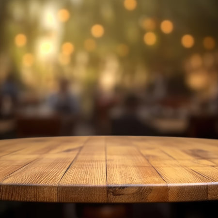 Empty wood table top perspective with blurred background. copy space for advertisement, Generative AI illustration.の素材