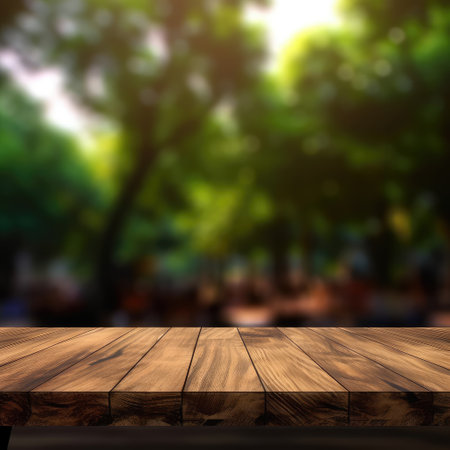 Empty wood table top perspective with blurred background. copy space for advertisement, Generative AI illustration.の素材