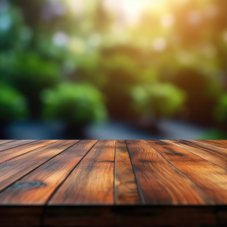 Empty wood table top perspective with blurred background. copy space for advertisement, Generative AI illustration.の素材