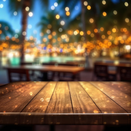 Empty wood table top perspective with blurred background. copy space for advertisement, Generative AI illustration.の素材
