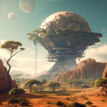 Space planet with mountains  Futuristic fantasy landscape sci-fi landscape, Horizontal ,Solar System,Space Mission ,Spirituality , Alien. Generative AI illustration.の素材