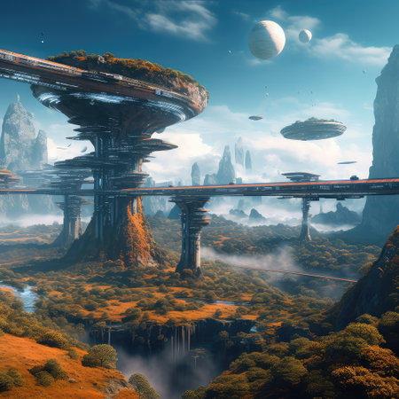 Space planet with mountains  Futuristic fantasy landscape sci-fi landscape, Horizontal ,Solar System,Space Mission ,Spirituality , Alien. Generative AI illustration.の素材