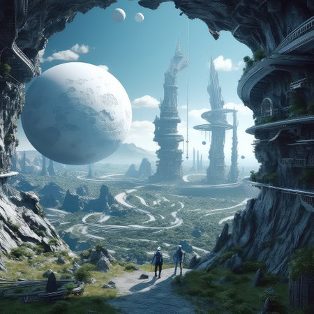 Space planet with mountains  Futuristic fantasy landscape sci-fi landscape, Horizontal ,Solar System,Space Mission ,Spirituality , Alien. Generative AI illustration.の素材