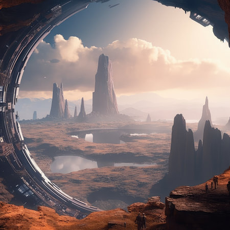 Space planet with mountains  Futuristic fantasy landscape sci-fi landscape, Horizontal ,Solar System,Space Mission ,Spirituality , Alien. Generative AI illustration.の素材