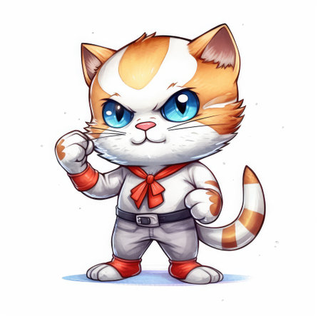cute animal of anthropomorphic cat as warrior on isolate white background full bod. Generative AI illustration.の素材