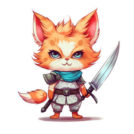 cute animal of anthropomorphic cat as warrior on isolate white background full bod. Generative AI illustration.の素材