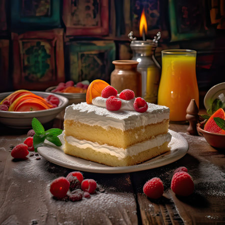 Close up delicious milk cake with cream and vanilla frosting. Fruit raspberries and cherries topping. Generative AI illustration.の素材
