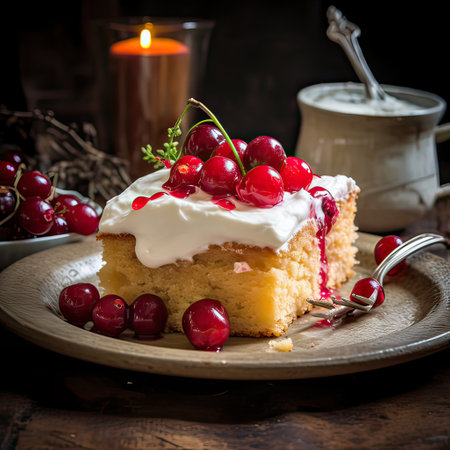 Close up delicious milk cake with cream and vanilla frosting. Fruit raspberries and cherries topping. Generative AI illustration.の素材