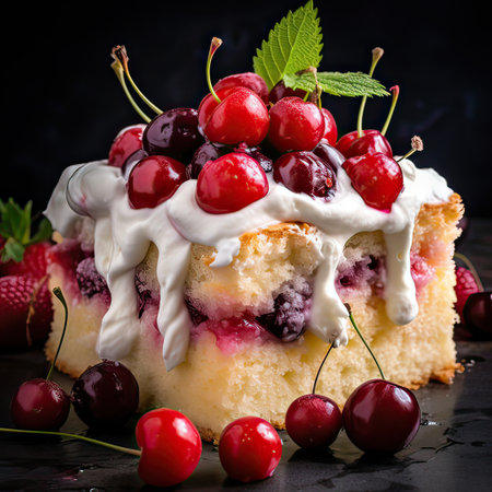Close up delicious milk cake with cream and vanilla frosting. Fruit raspberries and cherries topping. Generative AI illustration.の素材