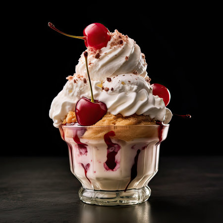 Close up delicious milk cake with cream and vanilla frosting. Fruit raspberries and cherries topping. Generative AI illustration.の素材