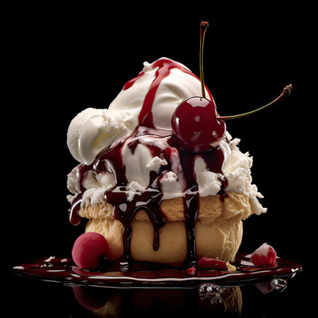 Close up delicious milk cake with cream and vanilla frosting. Fruit raspberries and cherries topping. Generative AI illustration.の素材