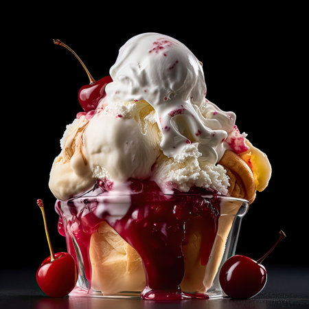 Close up delicious milk cake with cream and vanilla frosting. Fruit raspberries and cherries topping. Generative AI illustration.の素材