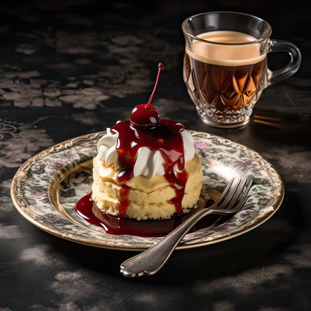 Close up delicious milk cake with cream and vanilla frosting. Fruit raspberries and cherries topping. Generative AI illustration.の素材