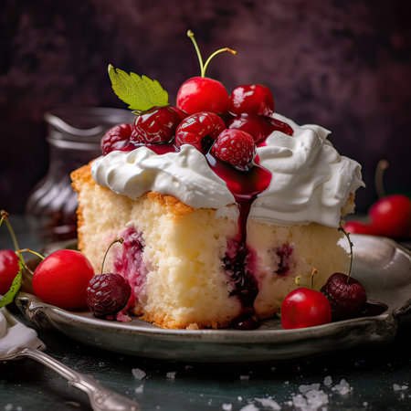 Close up delicious milk cake with cream and vanilla frosting. Fruit raspberries and cherries topping. Generative AI illustration.の素材