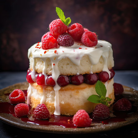 Close up delicious milk cake with cream and vanilla frosting. Fruit raspberries and cherries topping. Generative AI illustration.の素材