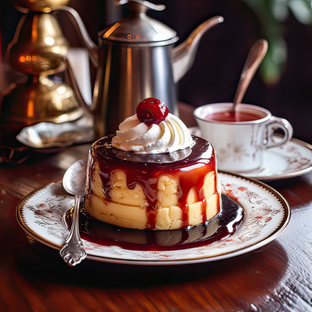 Close up delicious milk cake with cream and vanilla frosting. Fruit raspberries and cherries topping. Generative AI illustration.の素材