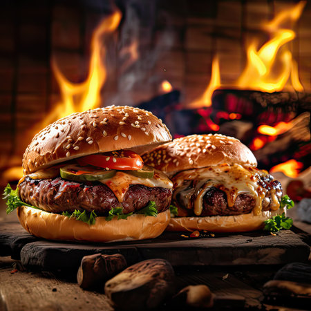 Delicious hamburger served on wooden planks.This cheeseburger shot in a fast food advertising style. Generative AI illustration.の素材